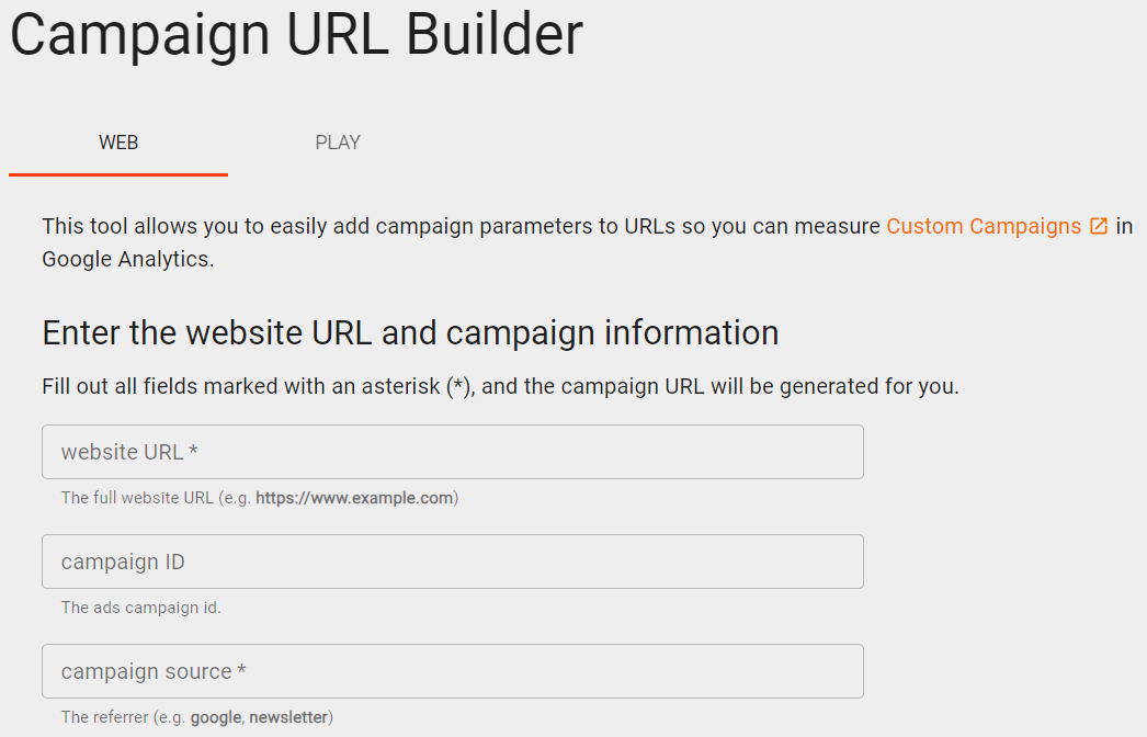 Campaign URL Builder – panel główny