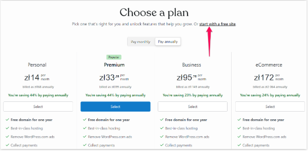 Wybór planu WordPress