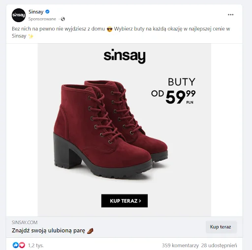 Facebook, reklama sklepu Sinsay