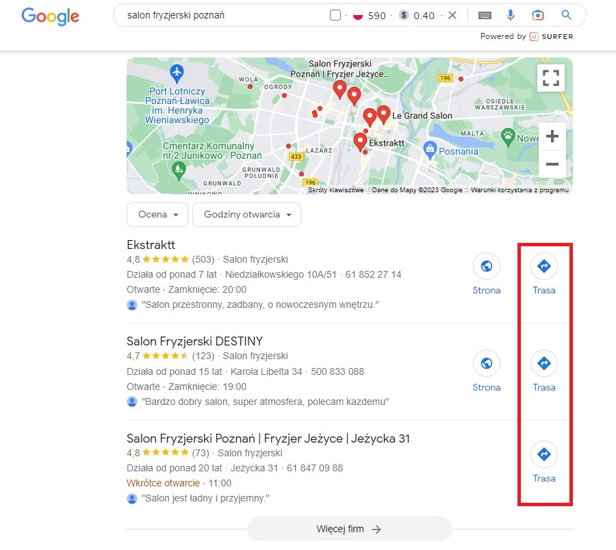 Opcja wyznaczenia trasy do firmy - Wyszukiwanie lokalne Google