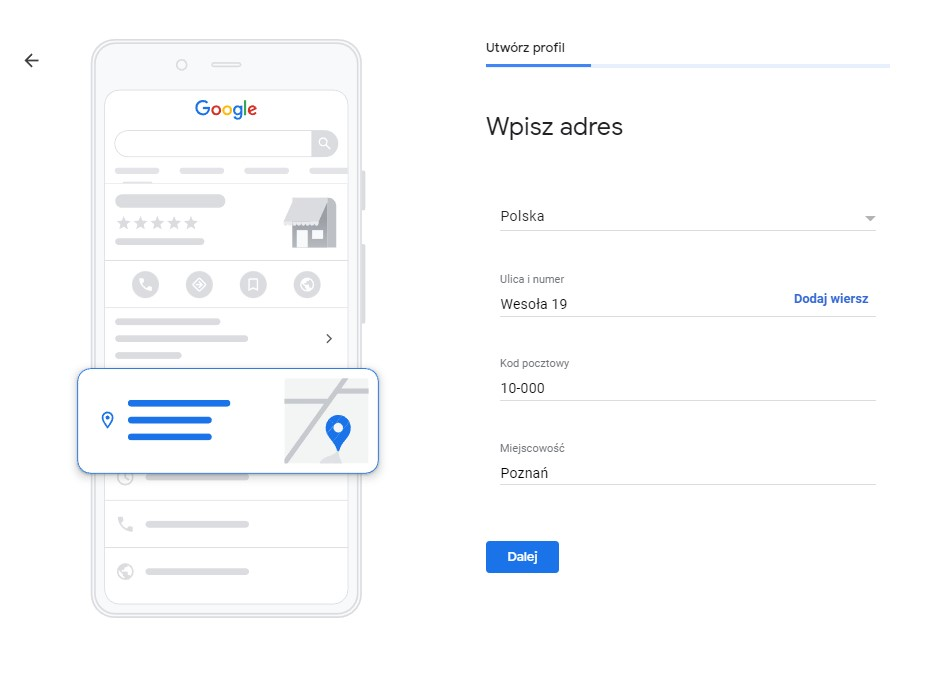 Ustawienie adresu firmy - Wizytówka Google