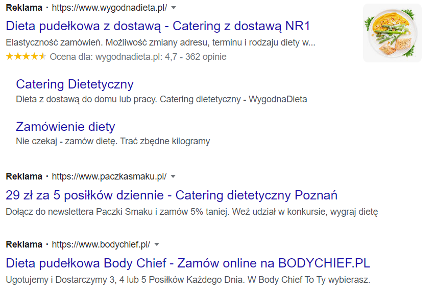 Reklama diety pudełkowej w wynikach wyszukiwania