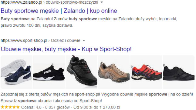  screen przedstawiający obuwie męskie w organicznych wynikach wyszukiwania 
