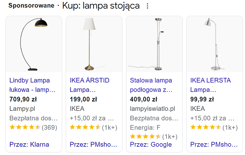 lampy, oświetlenie - Wyniki wyszukiwania – przykład reklam Google Ads