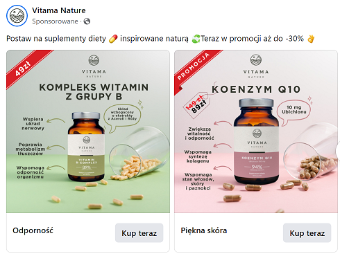 suplementy diety - Facebook – przykład reklamy firmy Vitama Nature
