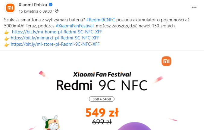 Facebook – post reklamowy na profilu Xiaomi Polska
