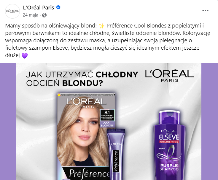 Facebook – post na profilu L'Oréal Paris