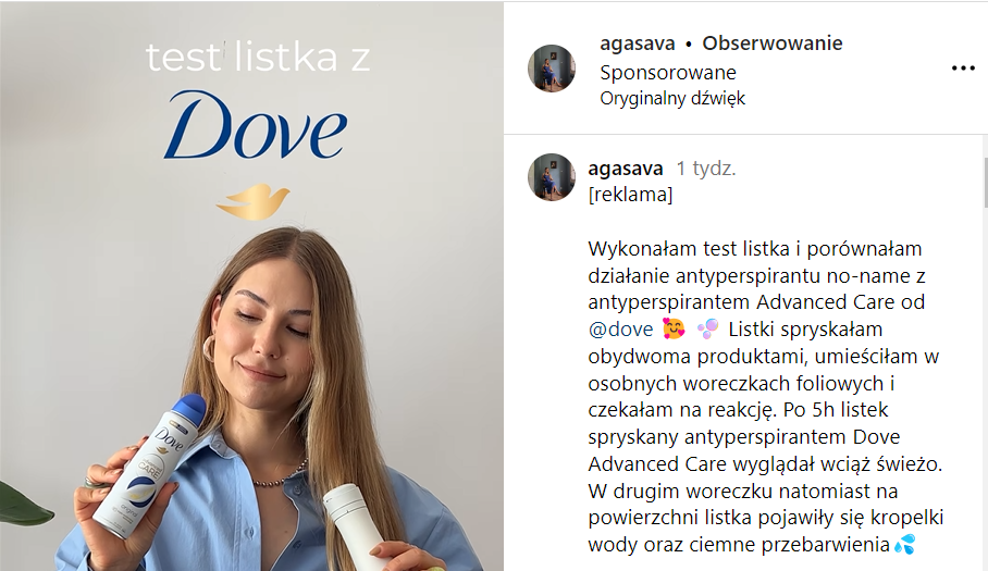 Instagram – post sponsorowany na profilu agasava