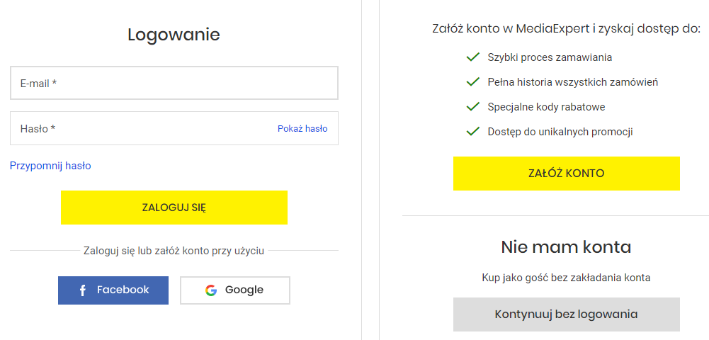 mediaexpert.pl – możliwość złożenia zamówienia bez zakładania konta