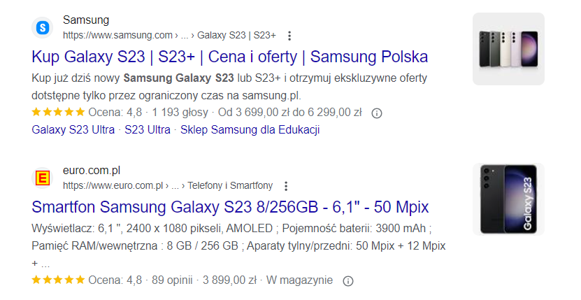 Wyniki wyszukiwania – przykład danych strukturalnych