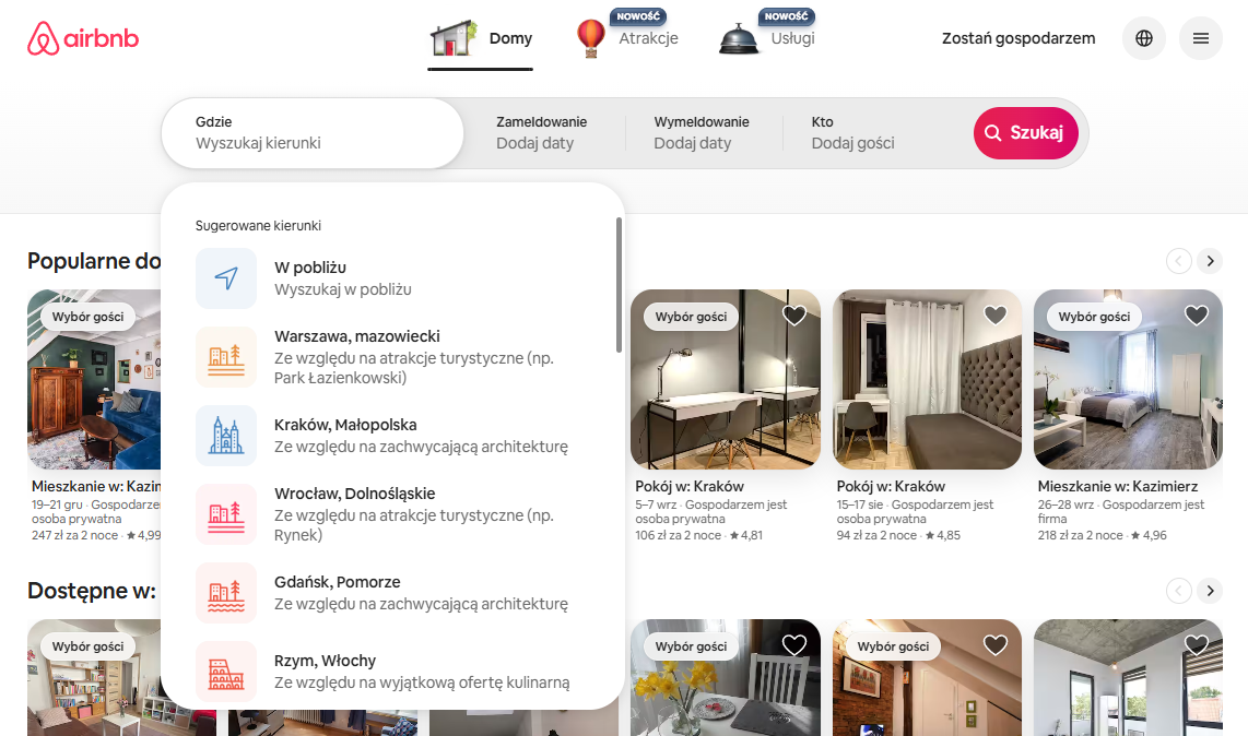 Zrzut ekranu menu w serwisie Airbnb