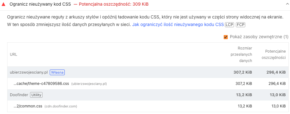 Identyfikacja elementów obniżających Core Web Vitals - css