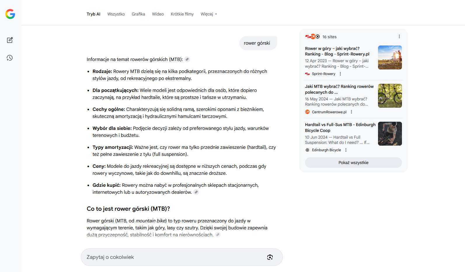 Screenshot odpowiedzi AI Mode na bardzo ogólne zapytanie 