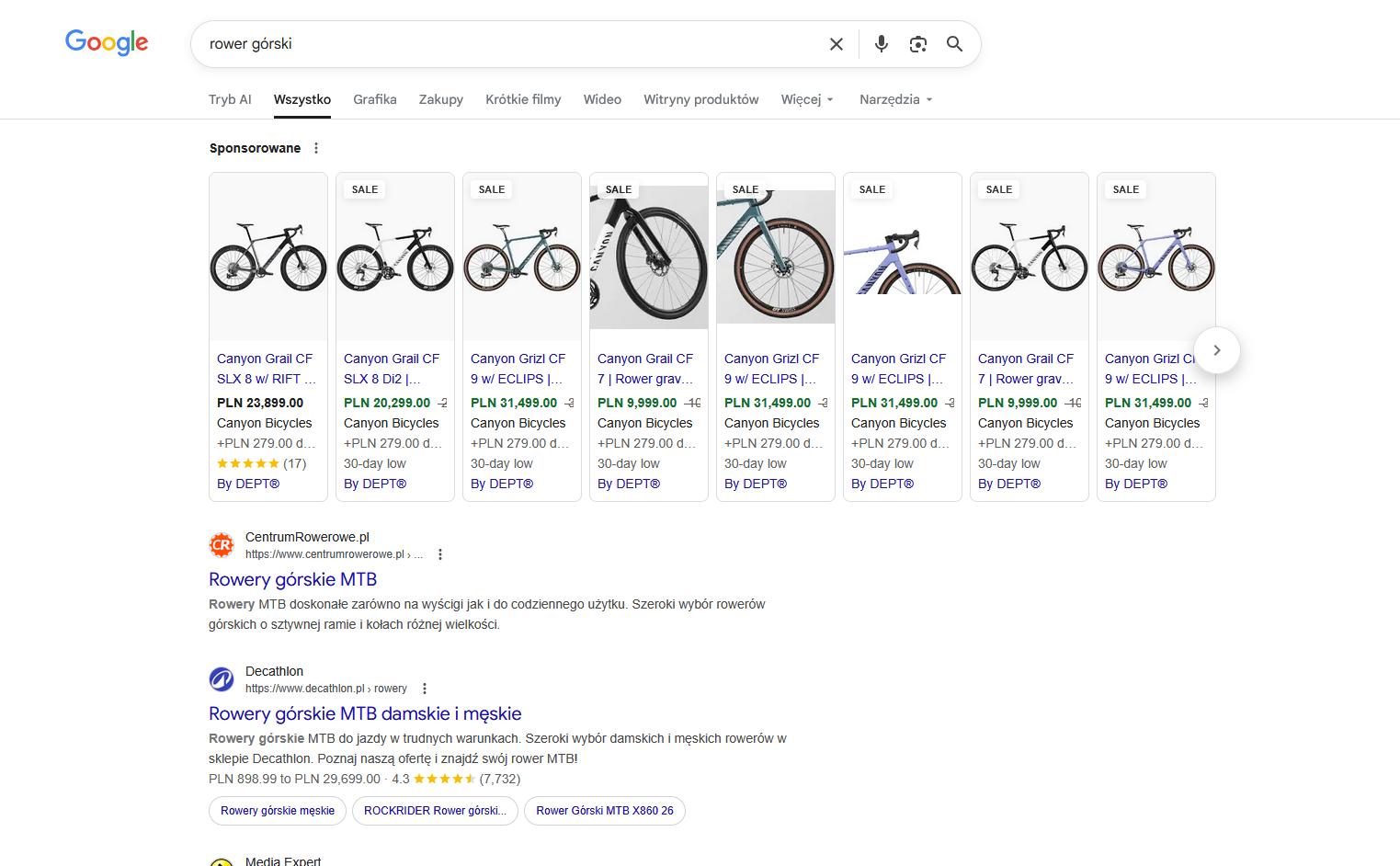 Screeshot organicznych wyników Google w 2025 roku po wprowadzeniu AI Mode