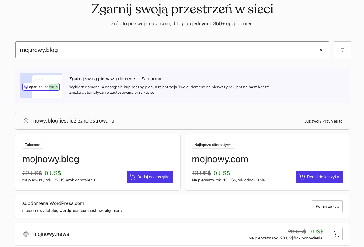 wordpress.com – wybór domeny